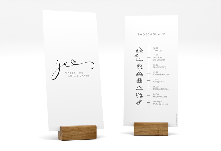 Tagesablauf Hochzeit Jawort lange Karte hoch weiss modern minimalistisch mit veredelter Aufschrift
