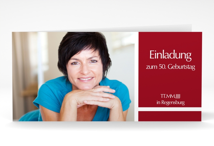 Einladung 50. Geburtstag Gerd/Gerda lange Klappkarte quer rot mit Foto