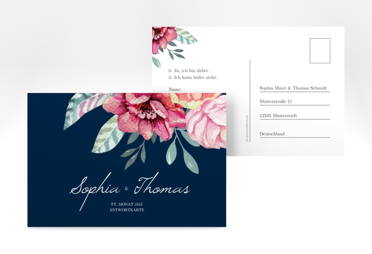 Antwortkarte Hochzeit Blooming A6 Postkarte blau