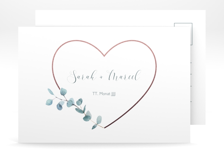 Antwortkarte Hochzeit Greenheart A6 Postkarte rosa hochglanz mit elegantem Herz und Eukalyptus-Zweig