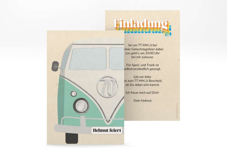 Einladung 70. Geburtstag Retrobus A6 Karte hoch