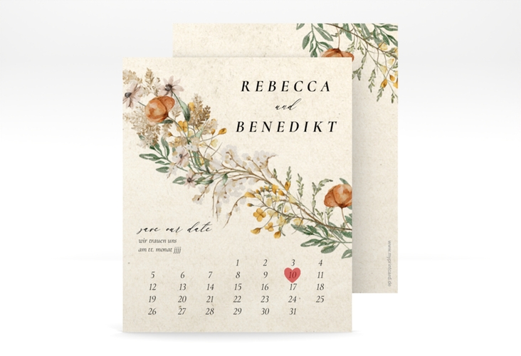 Save the Date-Kalenderblatt Wildfang Kalenderblatt-Karte beige hochglanz mit getrockneten Wiesenblumen
