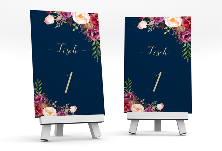 Tischnummer Hochzeit Flowers Tischaufsteller blau mit bunten Aquarell-Blumen
