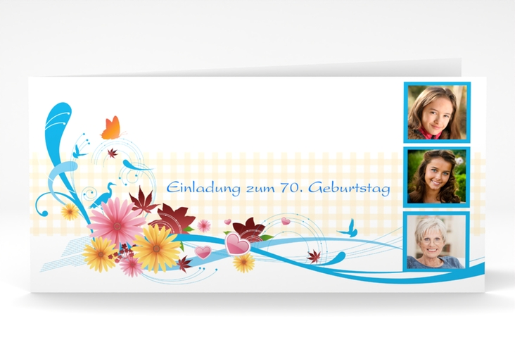 Einladung 70. Geburtstag Elisabeth lange Klappkarte quer