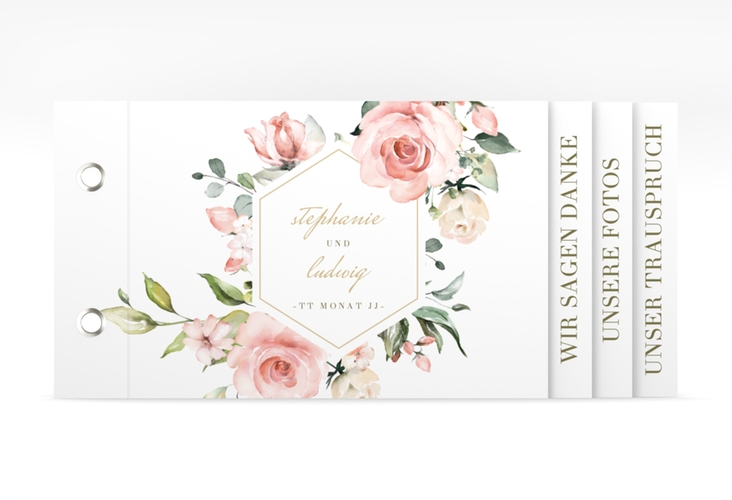 Danksagungskarte Hochzeit Graceful Booklet weiss mit Rosenblüten in Rosa und Weiß