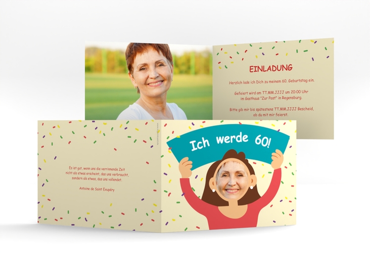 Einladung 60. Geburtstag Comic Woman A6 Klappkarte quer beige hochglanz