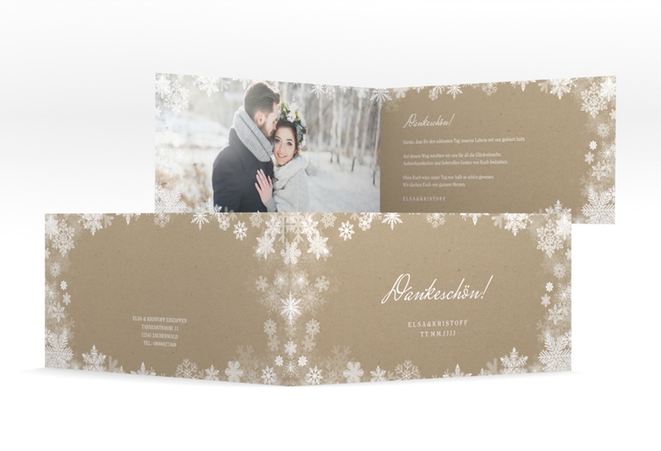 Danksagung Hochzeit  Snowfall lange Klappkarte quer Kraftpapier mit Schneeflocken für Winterhochzeit