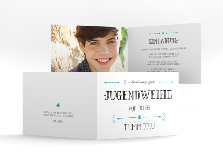 Einladung Jugendweihe Typeface A6 Klappkarte quer tuerkis hochglanz
