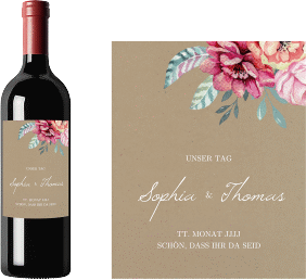 Klick: Details zu Weinetikett zur Hochzeit "Blooming" anzeigen Weinetikett zur Hochzeit Blooming Etikett Weinflasche 4er Set Kraftpapier