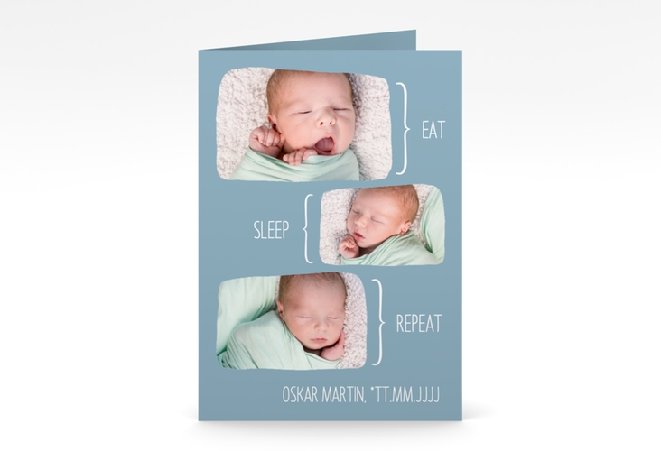 Geburtskarte Sleepy A6 Klappkarte hoch blau hochglanz