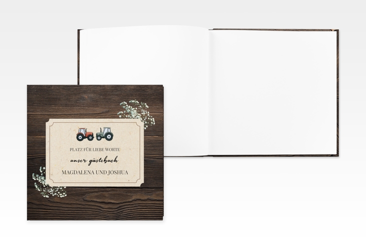 Gästebuch Creation Bauernhochzeit 20 x 20 cm, Hardcover braun in rustikaler Holz-Optik mit Schleierkraut und zwei kleinen Traktoren