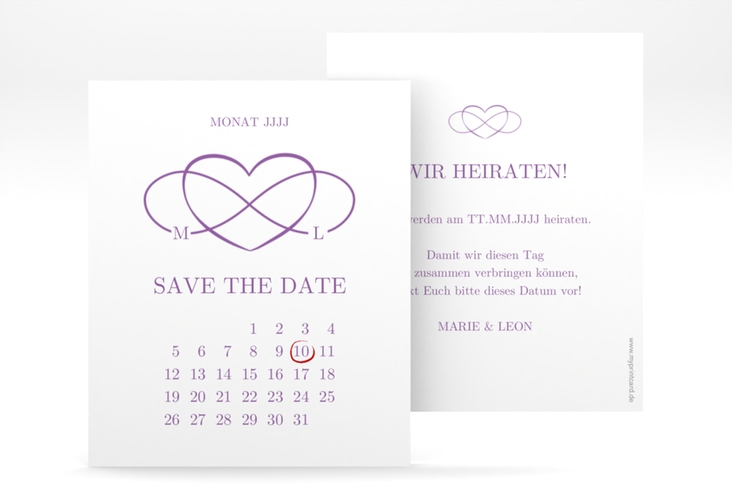 Save the Date-Kalenderblatt Infinity Kalenderblatt-Karte lila hochglanz