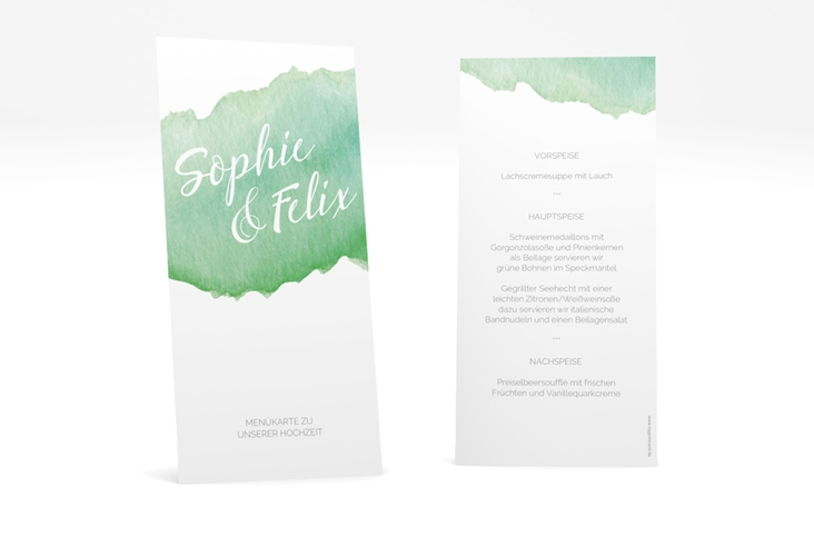 Menükarte Hochzeit Aquarella lange Karte hoch gruen hochglanz