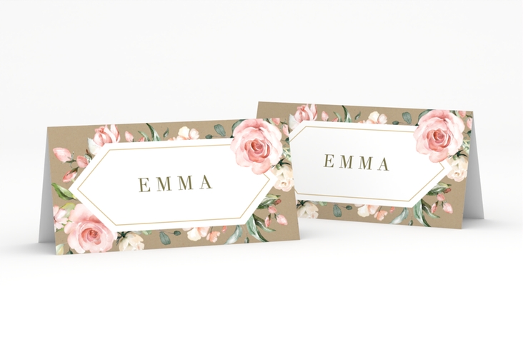 Tischkarte Hochzeit Graceful Tischkarten Kraftpapier mit Rosenblüten in Rosa und Weiß