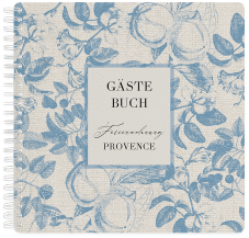Gästebuch Ferienwohnung Provence Ringbindung blau mit Blättermuster im Toile-Stil
