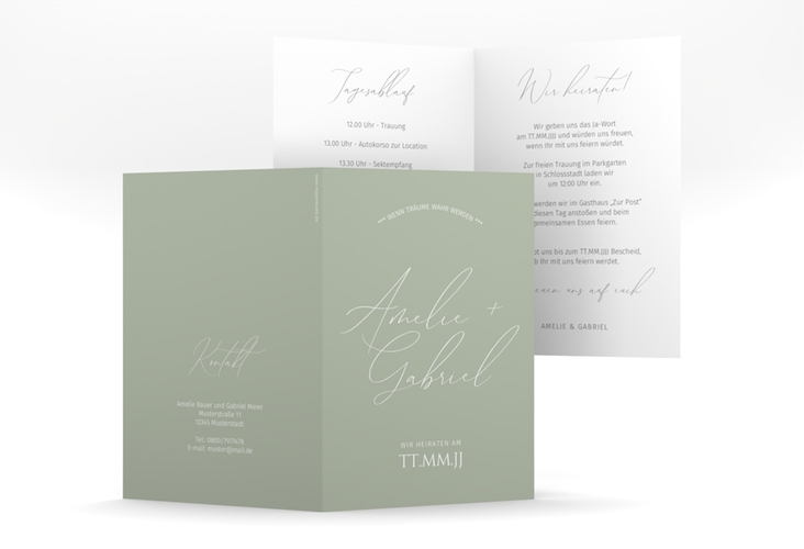 Einladungskarte Hochzeit Federschrift A6 Klappkarte hoch gruen hochglanz in schlichtem Design mit Kalligrafie