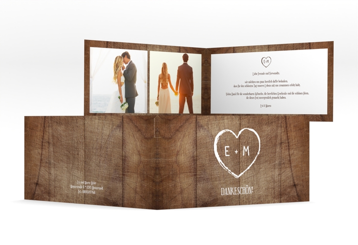 Danksagungskarte Hochzeit Wood lange Klappkarte quer braun hochglanz
