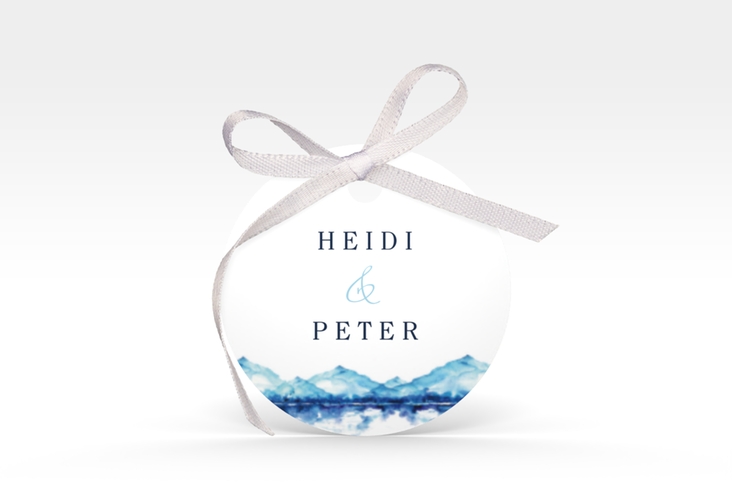 Geschenkanhänger Hochzeit Bergliebe Geschenkanhänger, rund blau mit Gebirgspanorama für Berghochzeit