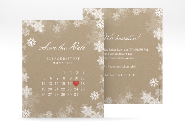 Save the Date-Kalenderblatt Snowfall Kalenderblatt-Karte Kraftpapier mit Schneeflocken für Winterhochzeit