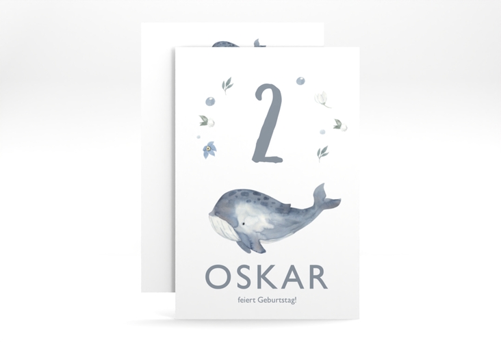 Einladungskarte Kindergeburtstag Walfisch A6 Karte hoch weiss mit niedlichem Wal in Aquarell