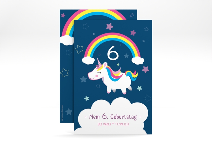 Einladungskarte Kindergeburtstag Unicorn A6 Karte hoch blau hochglanz mit Einhorn und Regenbogen