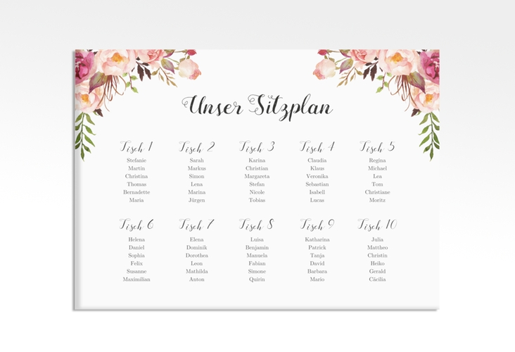 Sitzplan Leinwand Hochzeit Flowers 70 x 50 cm Leinwand weiss mit bunten Aquarell-Blumen