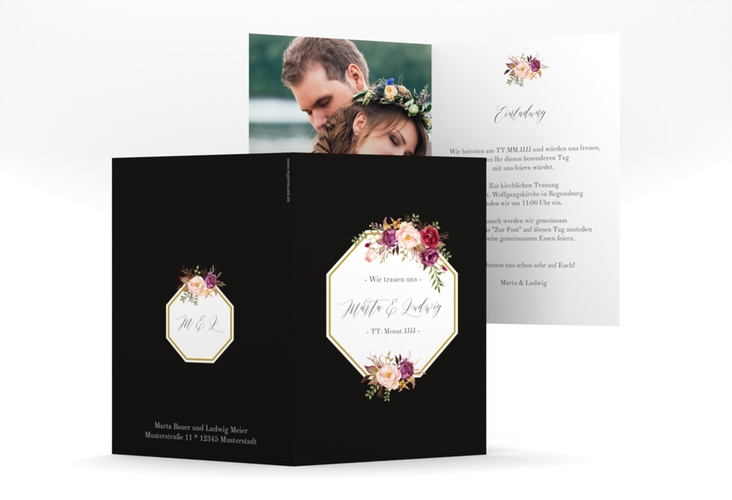 Einladungskarte Hochzeit Prachtvoll A6 Klappkarte hoch schwarz hochglanz