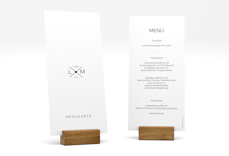 Menükarte Hochzeit Initials lange Karte hoch hochglanz mit Initialen im minimalistischen Design