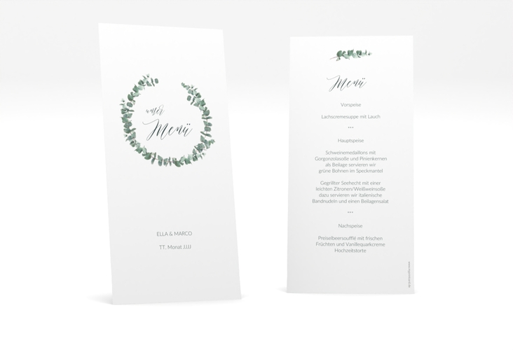 Menükarte Hochzeit Silverleaf lange Karte hoch mit Eukalyptus-Zweig