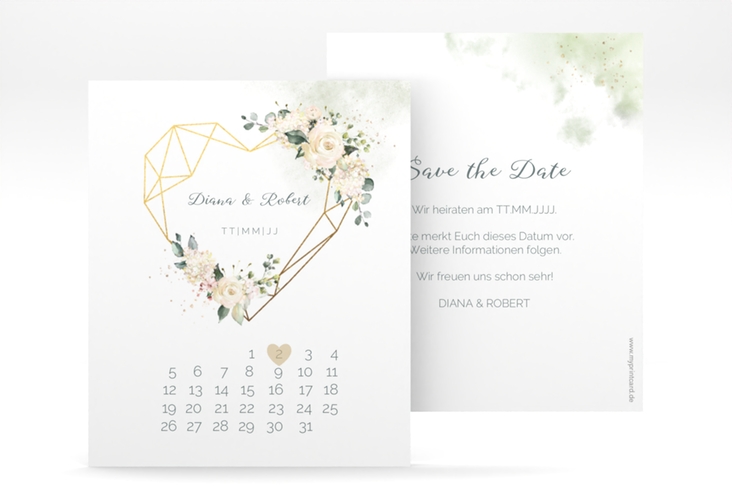 Save the Date-Kalenderblatt Adore Kalenderblatt-Karte hochglanz mit geometrischem Herz und Rosen in Pastell