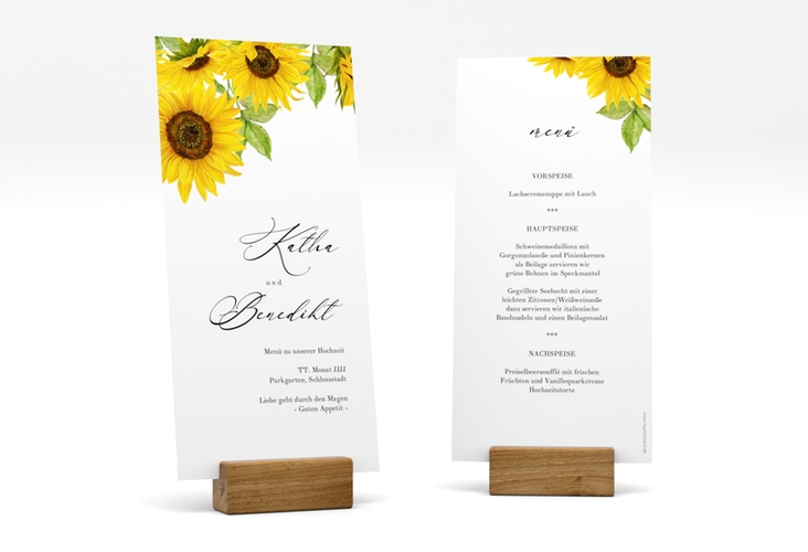 Menükarte Hochzeit "Sonnenblume" lange Karte hoch weiss