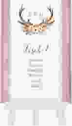 Tischaufsteller Hochzeit Heimatjuwel Tischaufsteller rosa mit Hirschgeweih und Holz-Hintergrund