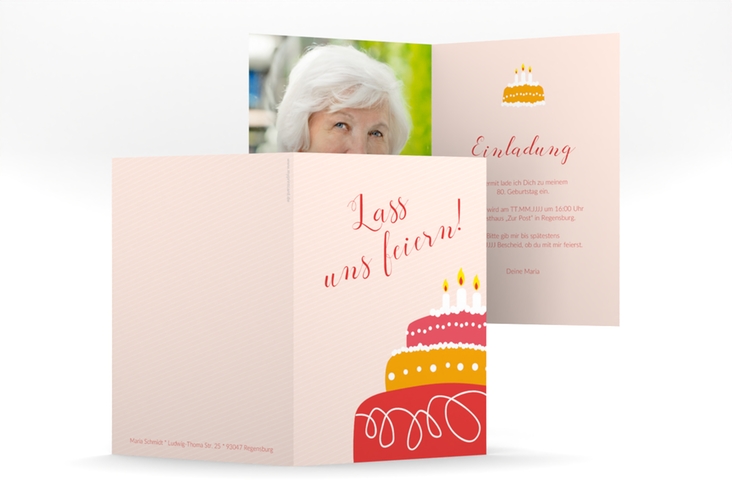 Einladung 80. Geburtstag Cake A6 Klappkarte hoch rot