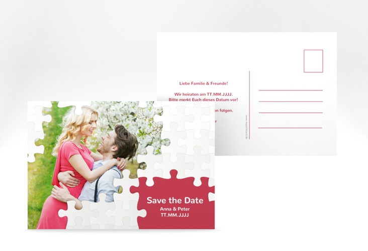 Save the Date-Postkarte Puzzle A6 Postkarte rot hochglanz