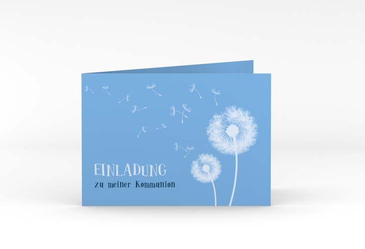 Einladungskarte Kommunion Dandelion A6 Klappkarte quer blau hochglanz