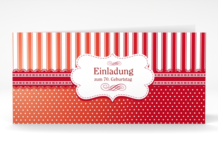 Einladung 70. Geburtstag Heinrich/Henriette lange Klappkarte quer rot mit frechen Polka Dots
