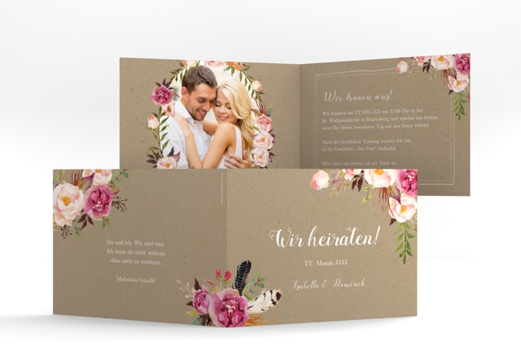 Hochzeitseinladung Flowers A6 Klappkarte quer Kraftpapier mit bunten Aquarell-Blumen