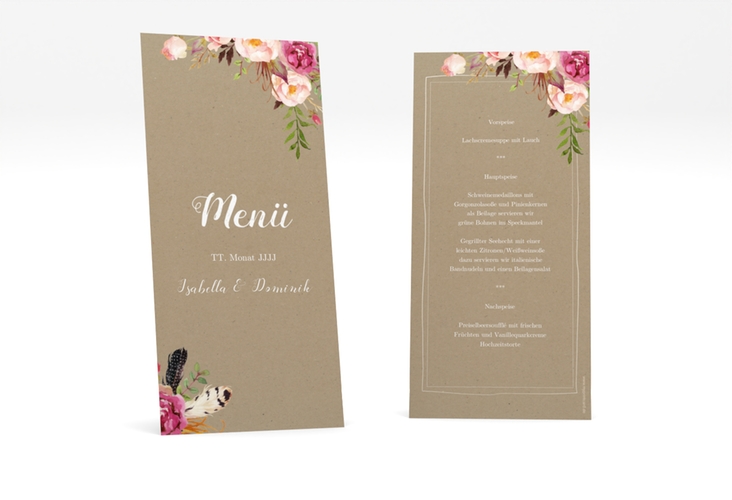 Menükarte Hochzeit Flowers lange Karte hoch Kraftpapier hochglanz mit bunten Aquarell-Blumen