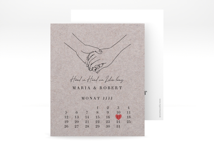 Save the Date-Kalenderblatt Hands Kalenderblatt-Karte Kraftpapier hochglanz mit sich haltenden Händen im Monoline-Stil