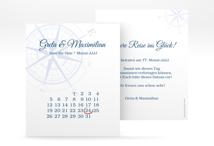 Save the Date-Kalenderblatt Windrose Kalenderblatt-Karte blau hochglanz