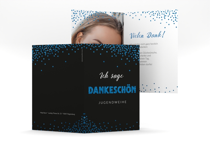 Danksagung Jugendweihe Glimmer A6 Klappkarte hoch blau