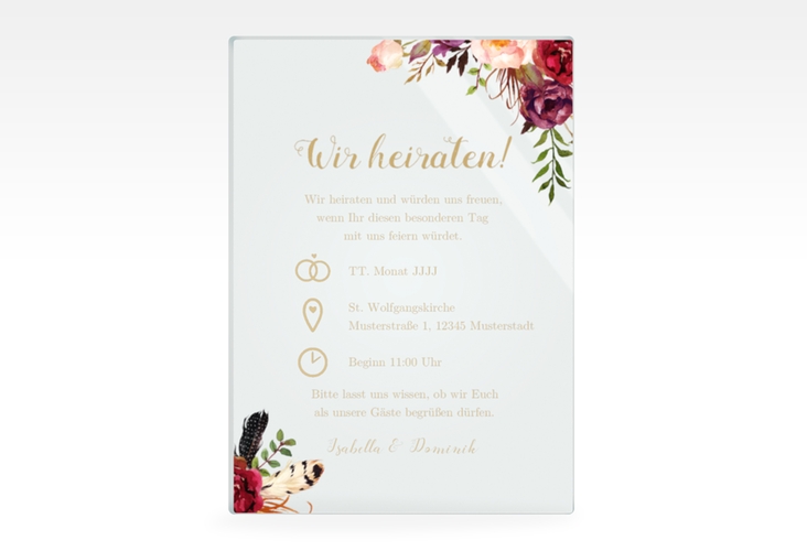 Acryl-Hochzeitseinladung Flowers Acrylkarte hoch lila hochglanz mit bunten Aquarell-Blumen