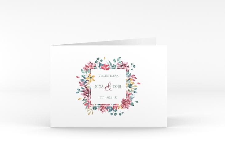 Danksagungskarte Hochzeit Blumenliebe A6 Klappkarte quer mit Rahmen aus bunten Blütenblättern
