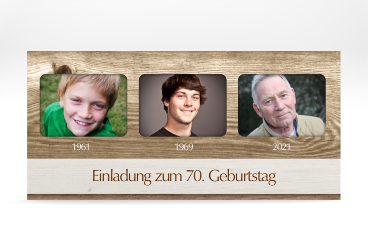 Einladung 70. Geburtstag Michael/Michaela lange Karte quer hochglanz im rustikalen Holz-Design mit Foto