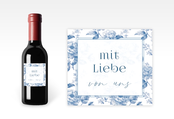 Piccoloetikett Hochzeit Blue Floral Etikett Piccolo weiss mit blauem Blumenmuster auf weißem Grund