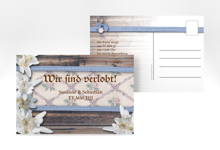 Verlobungskarte Hochzeit Bayern A6 Postkarte blau mit Edelweiß in rustikaler Holz-Optik