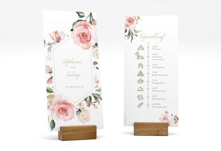 Tagesablauf Hochzeit Graceful lange Karte hoch weiss hochglanz mit Rosenblüten in Rosa und Weiß