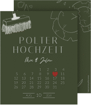 Save the Date-Kalenderblatt Polterhochzeit Kalenderblatt-Karte gruen mit Besen und kaputtem Porzellanteller