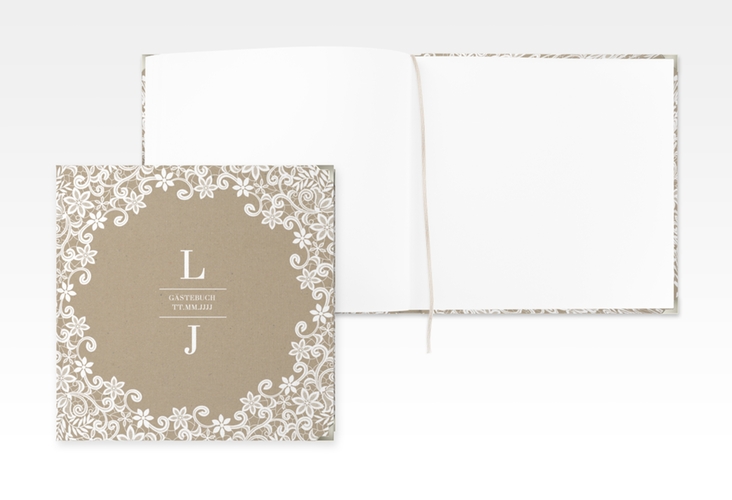 Gästebuch Selection Hochzeit Bella Leinen-Hardcover Kraftpapier mit weißer Brautspitze um Initialen
