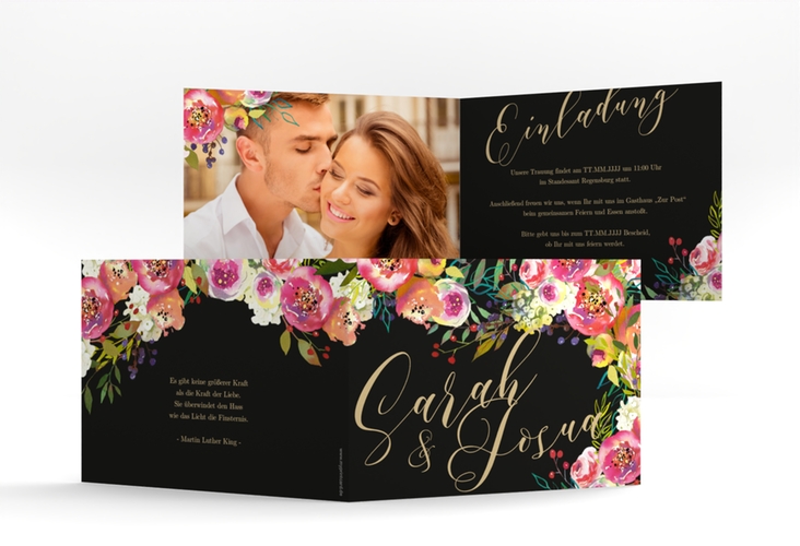 Hochzeitseinladung Flowerbomb A6 Klappkarte quer schwarz